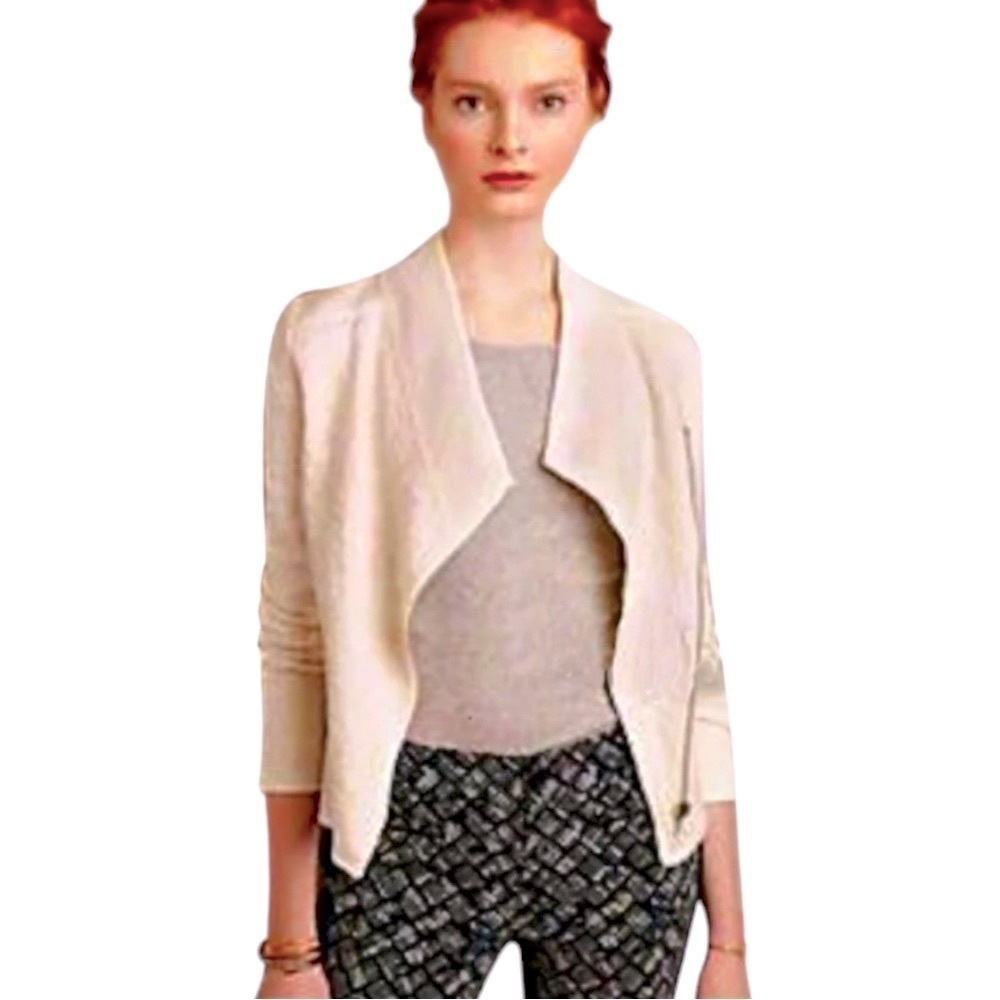 Anthropologie Quilted Moto Jacket Large Ivory SOFT Breathable Zip Front Drapey - Picture 7 of 16